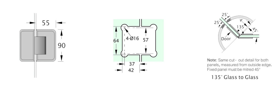 Adjustable Hinge Glass To Glass 135° with NO Cover