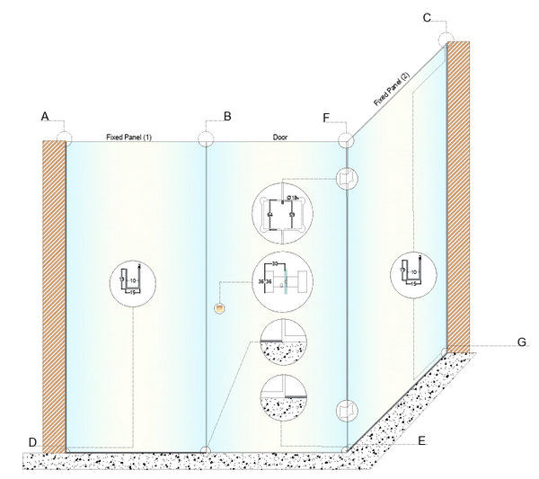 FIXED PANEL(1)-DOOR CONNECTION-FIXED PANEL(2)-STANDARD 90° HINGES ...