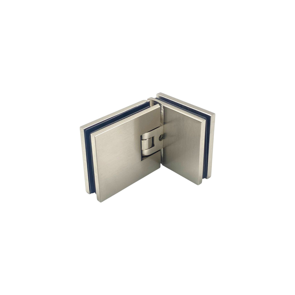 Adjustable glass to glass 90° hinge with cover plate